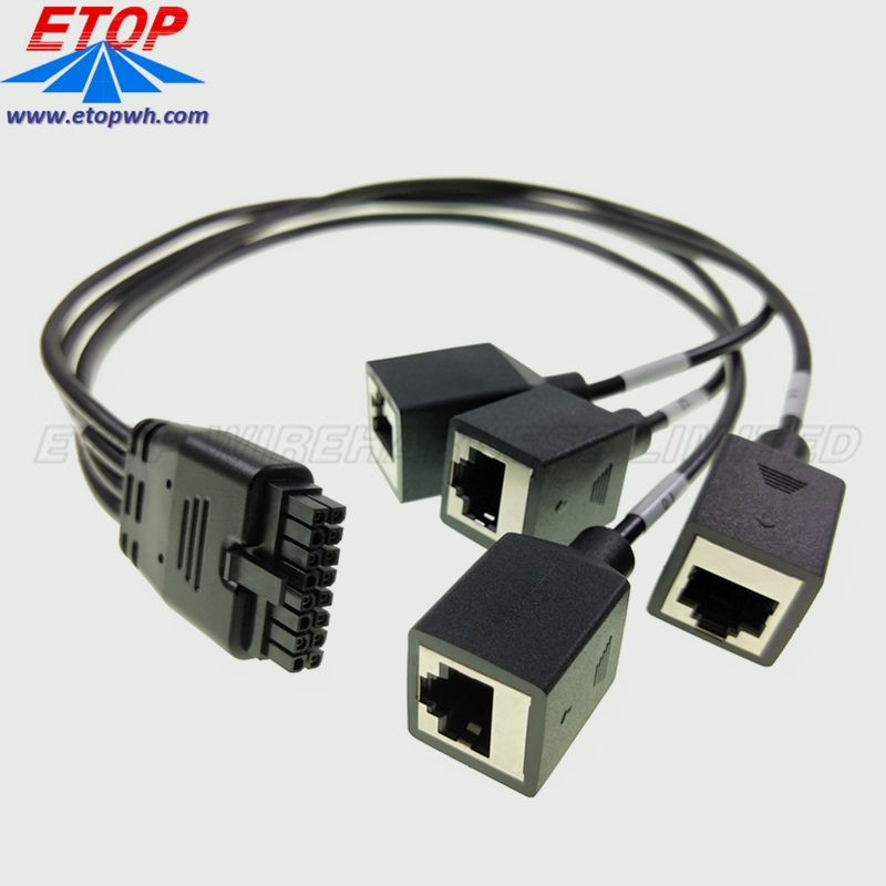 Custom overmolded power micro-fit connectors to 4in RJ45 Jack