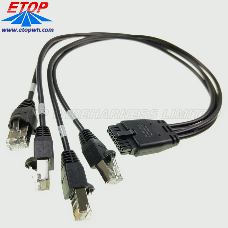 Molded Power Micro-fit 16PIN Connector Split to RJ45 Ethernet Cables